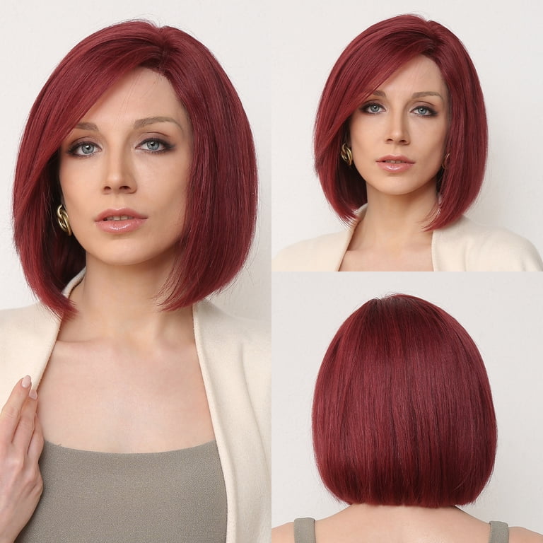 Red wine burgundy short bob Lacefront wig layers Burgundy Layer Cut Short Bob Wigs With Bangs No Glue Fringe  main image 2