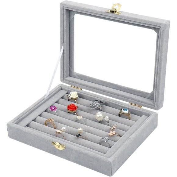 HAHADAXA Velvet Glass Jewelry Ring Display Stand Storage Box Ring Earrings Jewelry Box Ring Holder Case