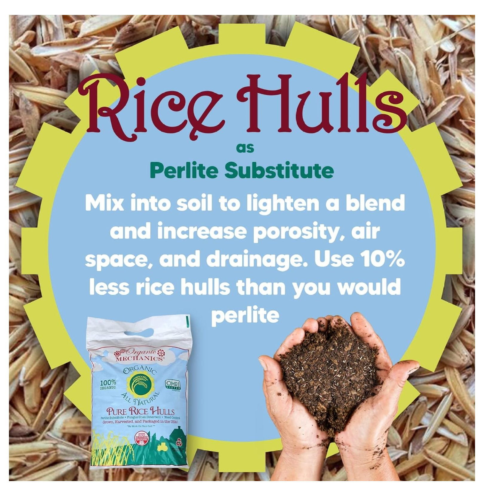 Pure Rice Hulls, 2 Cubic Foot - A Sustainable Alternative to Perlite - Enhances Drainage, Porosity and Air Space - Eco-Friendly & Locally Sourced