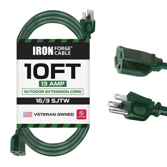 Iron Forge Cable Weatherproof 10 Ft Outdoor Extension Cord - 16/3 SJTW Heavy Duty Green Extension Cord 3 Prong - 13 Amp Exterior Power Cable