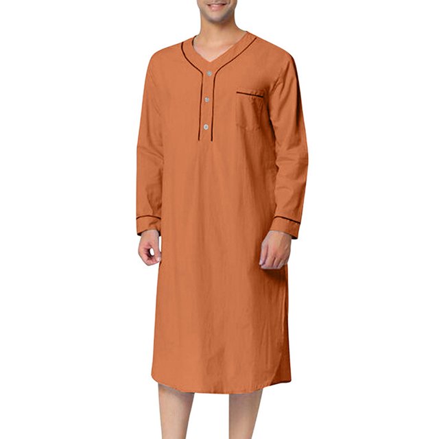 PEZHADA Mens Robe Men Muslim Gown Medium Long Sleeve Standing Neck Button Home Suit Comfortable Loose Sleeping Dress Gown Orange