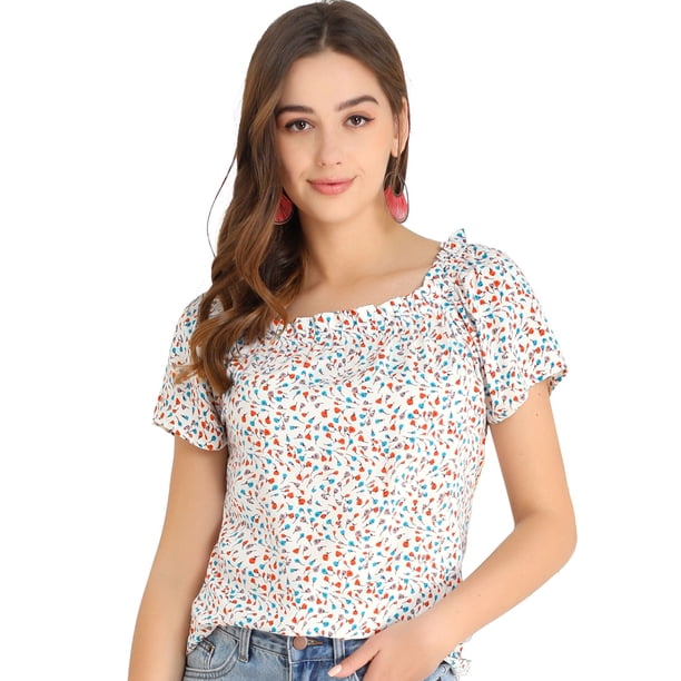 INSPIRE CHIC Blusa Casual Manga Corta Top Floral Con Cuello Cuadrado De Verano Para Mujer Blanco L