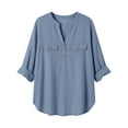 thumbnail image 2 of Linen Summer Shirts for Women Roll-Up Long Sleeve Curved Hem Tunic Tops Casual V Neck Plain Tshirts Loose Fit (XL, Light Blue), 2 of 8