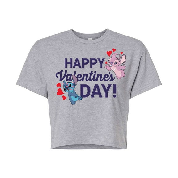 Lilo & Stitch - Happy Valentine's Day - Juniors Cropped Cotton Blend T-Shirt