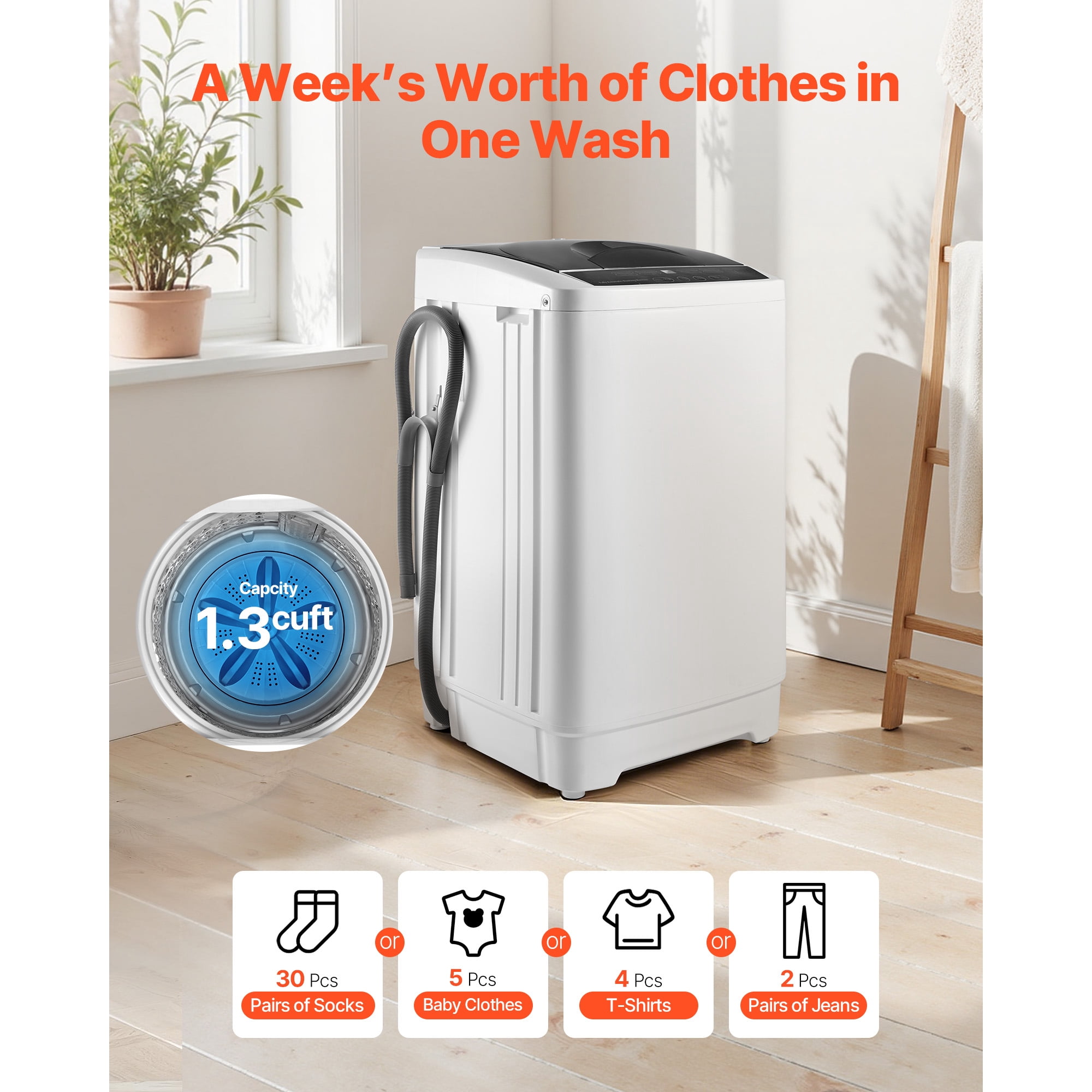 KFFKFF Portable Washing Machine, Compact Washer 1.3 cu.ft with LED Display, Stainless Steel Drum, 8 Wash Programs & 6 Adjustable Water Levels, Ideal for Apartments, RVs, and Dorms