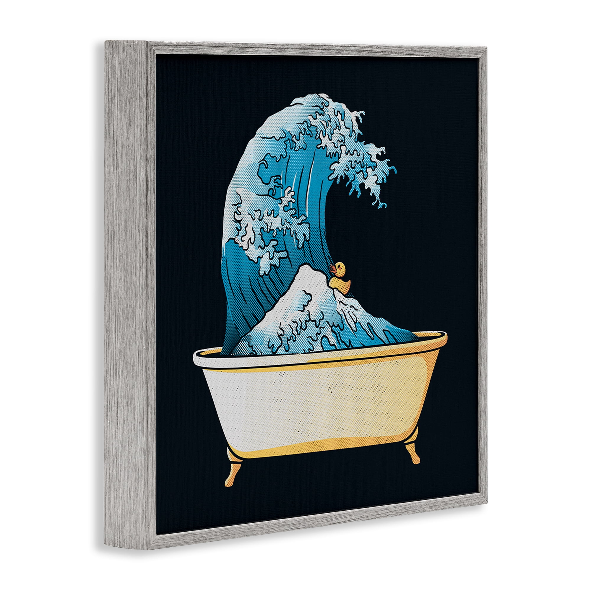 Stupell Industries Bathtub with Kanagawa Wave Gray Framed Giclee Art, design by Tobe Fonseca