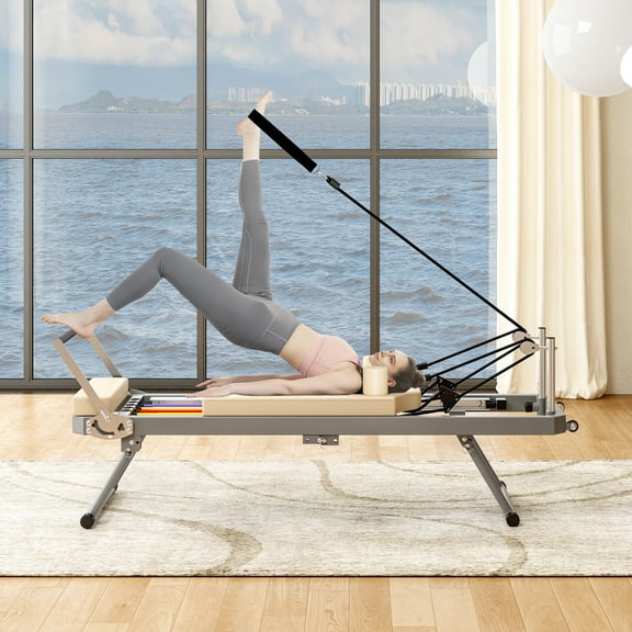 Pilates Reformer Machine for Home Gym Workout, Foldable Pilates Equipment with High Strength Alloy Springs for Beginners, Up to 330lbs,Beige