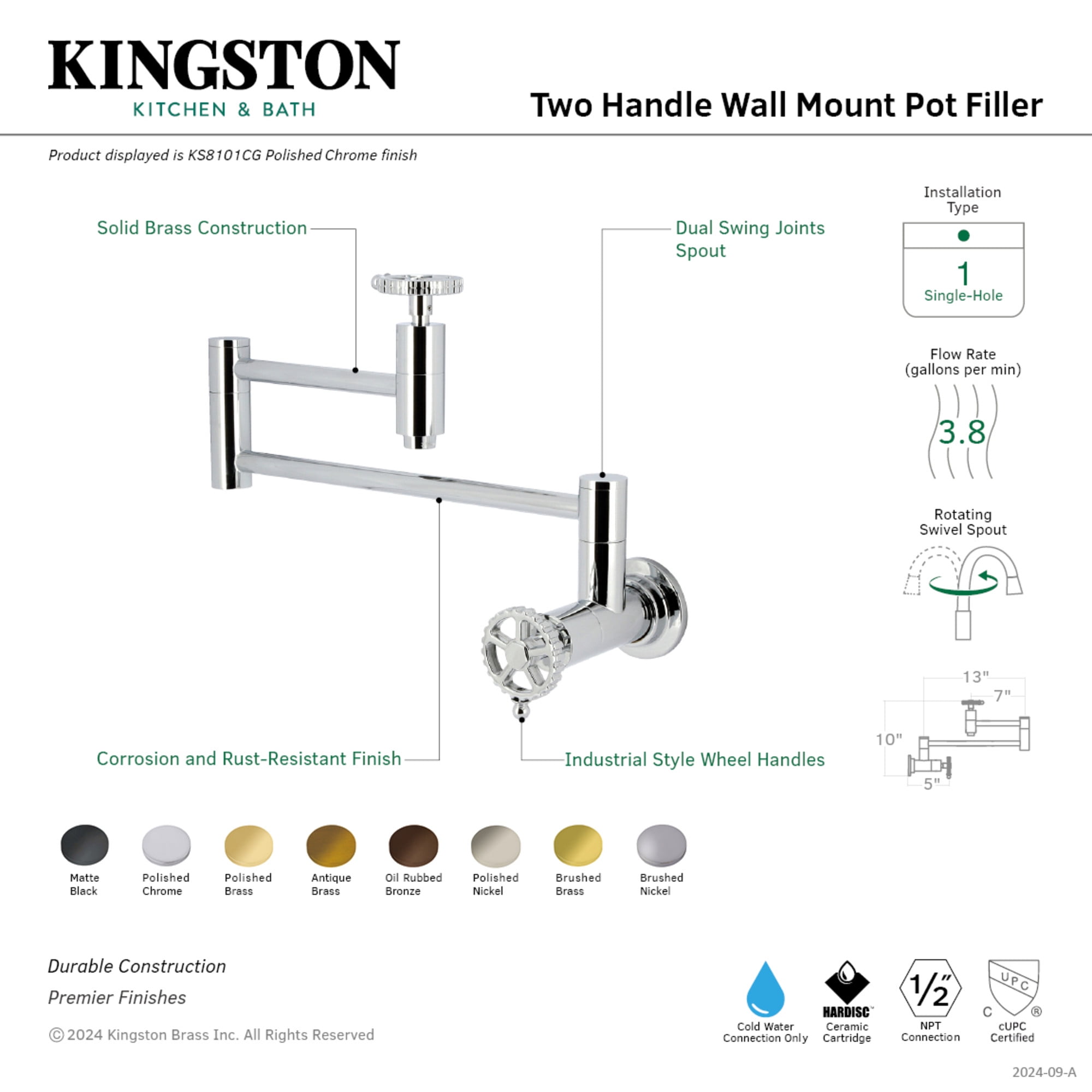 Kingston Brass KS8101CG Fuller Wall Mount Pot Filler Faucet, Polished Chrome