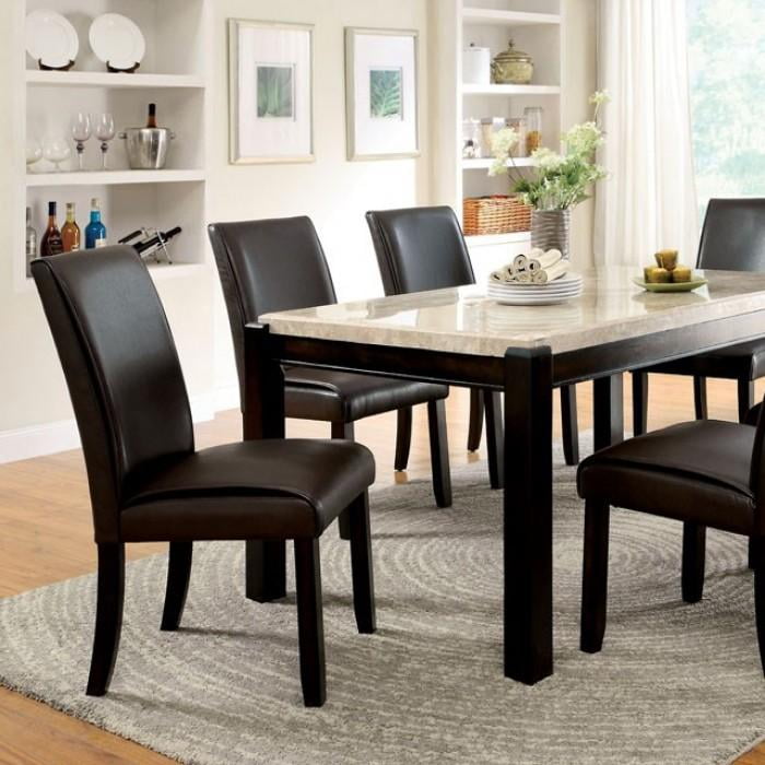 Transitional Dark Walnut and Ivory Marble Top Dining Set with 6 Leatherette Chairs