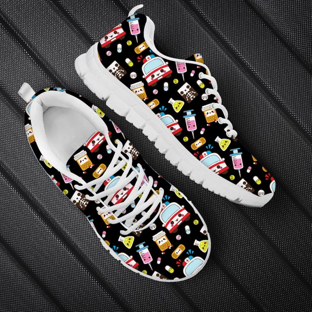 Zapatillas Doginthehole de primavera y otoño con bonitos dibujos de ambulancias y estampado de enfermera, zapatos planos informales con cordones para mujer, zapatillas para correr de malla