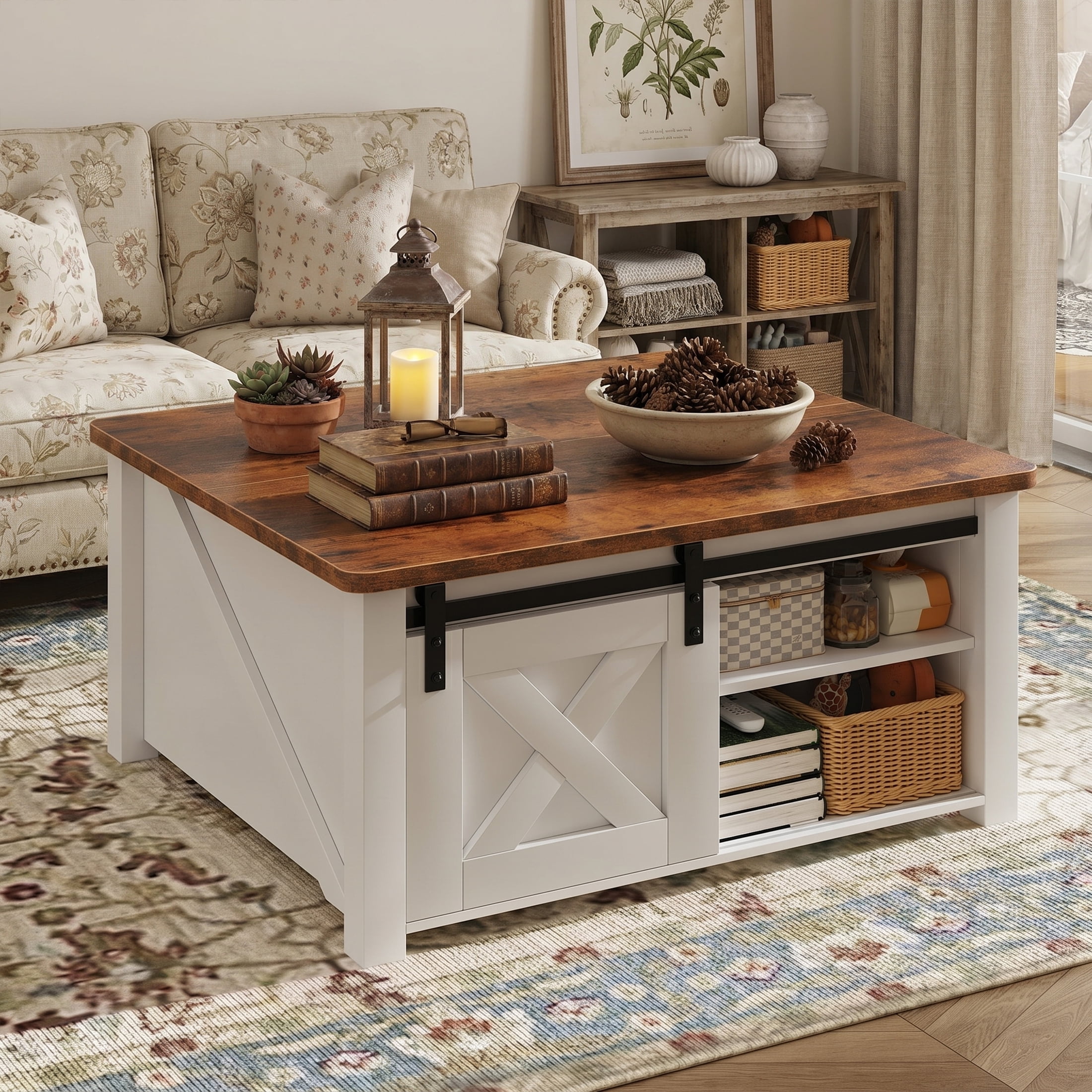EDX Modern Lift Top Coffee Table with Hidden Storage & Adjustable Shelves, Square Farmhouse Center Table for Living Room, White