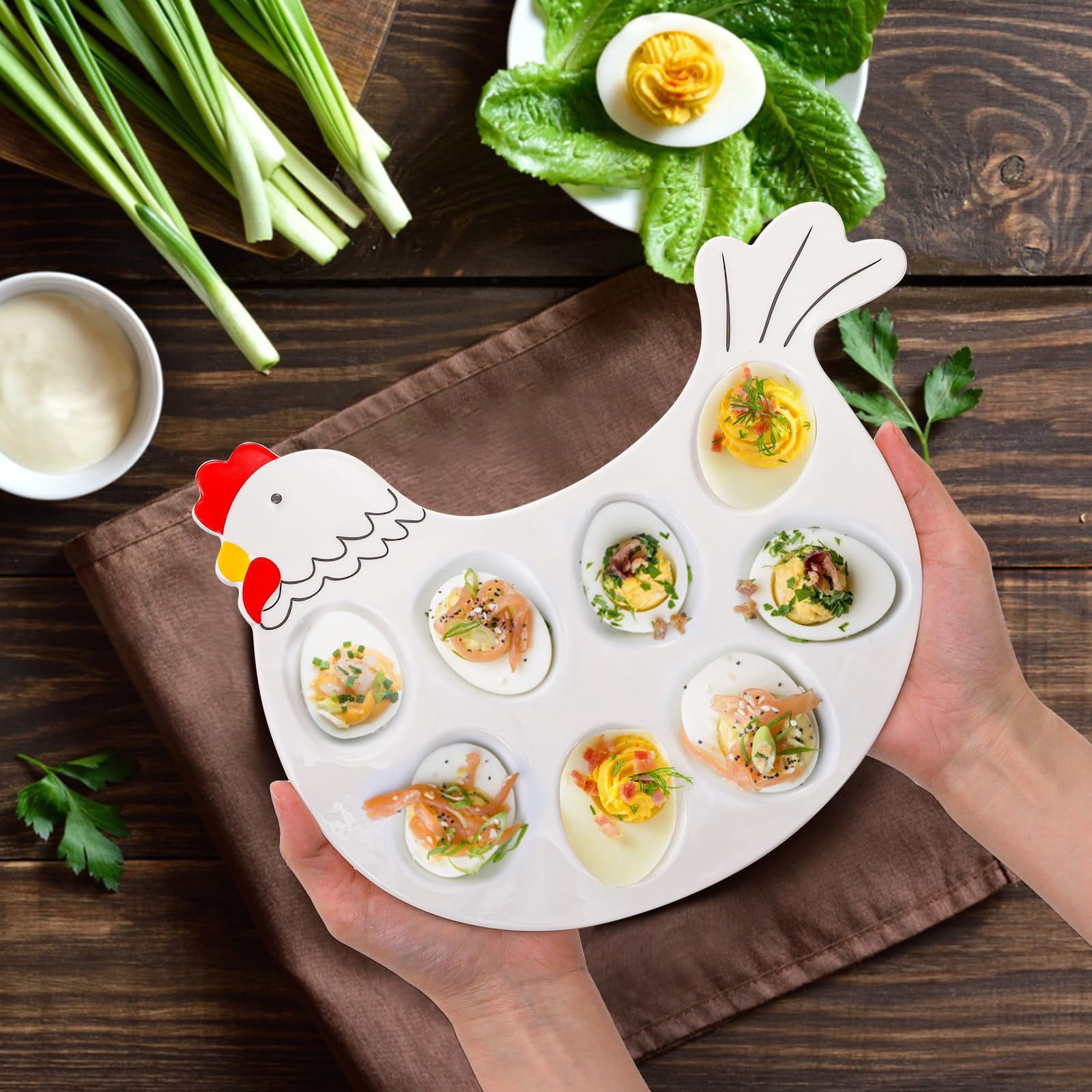 VGFVFSKGA 8 Grids Ceramic Deviled Egg Plate Deviled Egg Tray Cute Eggs Platter Egg Serving Tray for Easter Treats Small Appetizers