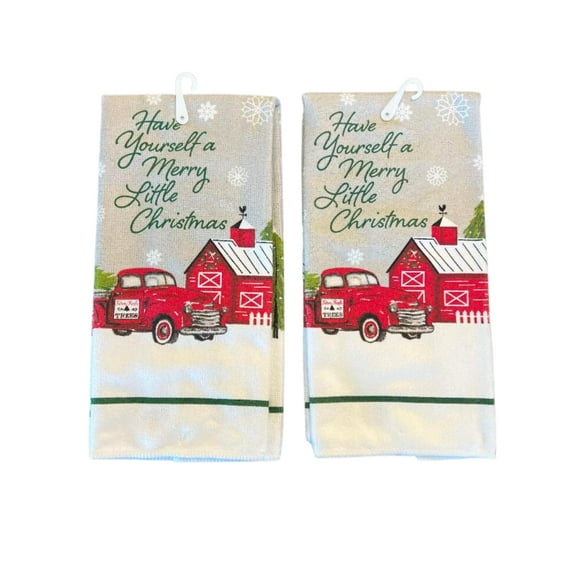 Greenbrier International, Inc. Have Yourself a Merry Little Christmas Set of 2 Kitchen Towels Dish Towels Hand Towels with Vintage Red Christmas Truck Holding Farm Fresh Trees