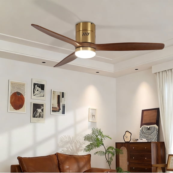 Taimei Ryme 52 in. Gold Walnut Flush Mount Ceiling Fan with Light and Remote, DC Motor, Reversible