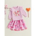 thumbnail image 4 of Toddler Baby Girl Fall Outfit 3 6 9 12 18 24 Months 2T 3T Letter Embroidery Long Sleeve Crew Neck Pullover with Bow Pattern Mesh Skirt Clothing Set, 4 of 9
