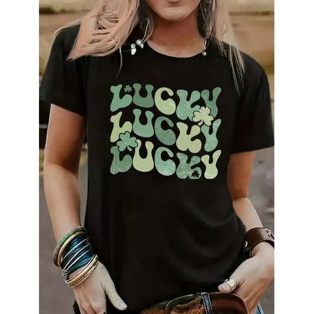 Everyday Comfort, St. Patrick's Day Lucky Clover Graphic Women's Casual Short Sleeve T-Shirt, Black with Green Design, Soft
