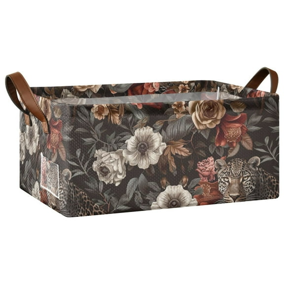 Luxury Leopard with Flowers Collapsible Storage Bins Fabric Shelf Baskets with Handles 16.9"x11.4"x7.7" Closet Organizer