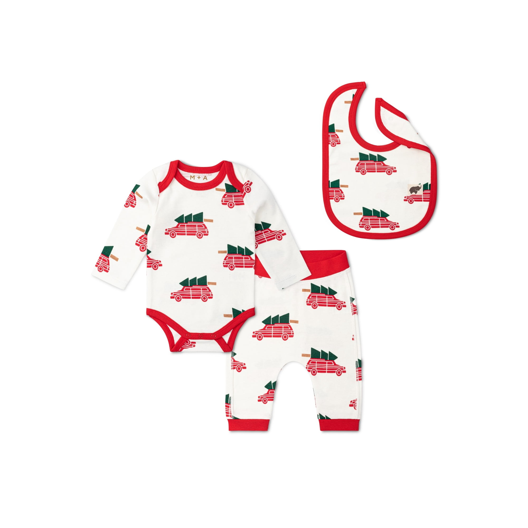 M+A by Monica + Andy Christmas Organic Cotton Gender Neutral First Moves Bodysuit + Groove Pant + Bib Set, Sizes Newborn -24 Months