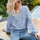 thumbnail image 3 of Camiseta de manga larga para mujer, jersey con cuello en V, manga acampanada, Top estampado para mujer, Tops sueltos informales con estampado azul S, 3 of 6