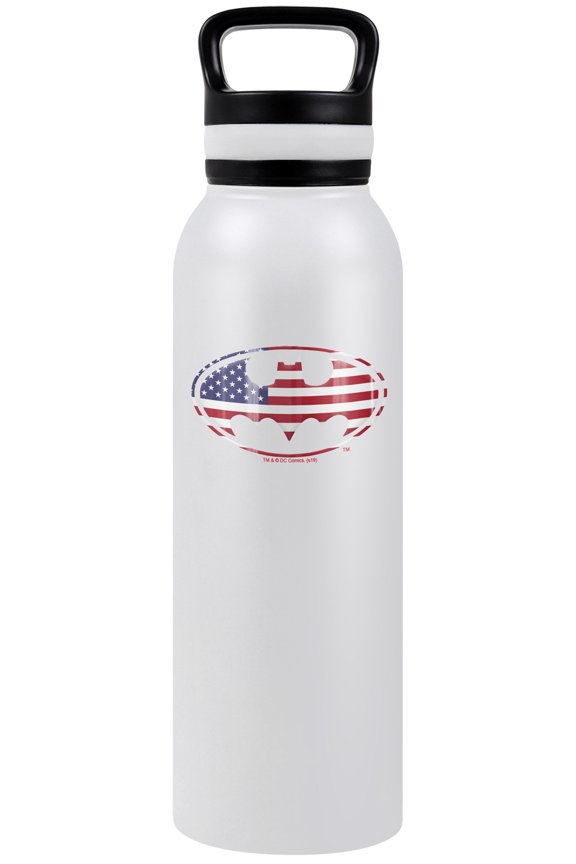 Batman - Logo Official USA American Flag Shield Logo 24 oz Insulated Canteen Water Bottle, Leak Resistant, Vacuum Insulated Stainless Steel with Loop Cap, White