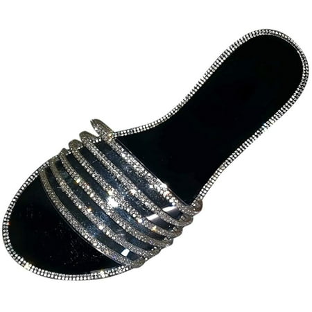 

Rewenti Womens Glitter Bling Fancy Slide Flat Low Wedge Casual Fashion Sandals Shoes Clearance Black 8(39)