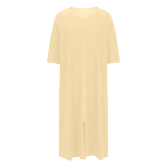 Women Robes Zipper Front 3/4 Sleeve Long Housecoat with Pockets Lightweight Loungewear Bathrobe Chemise Nightgowns for Women Khaki S