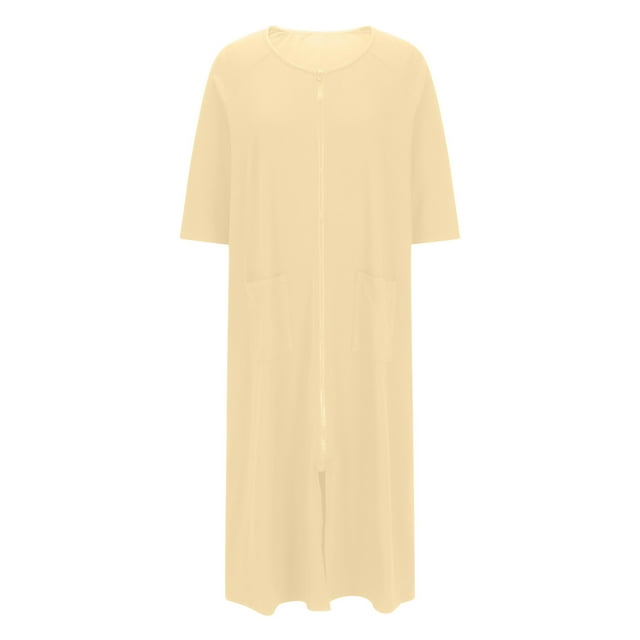 HUJlwoi Chemise de Nuit Zippée pour Femmes Longue Robe de Nuit Couleur Unie Poches Peignoir Manches 3/4 Col Rond Ample