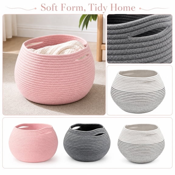 Woven Storage Basket Cotton Rope Basket Round Bulbous Gray Basket for Storage Basket Organizer for Home Nursery Living Room Bathroom Countertop Desk Single Pack