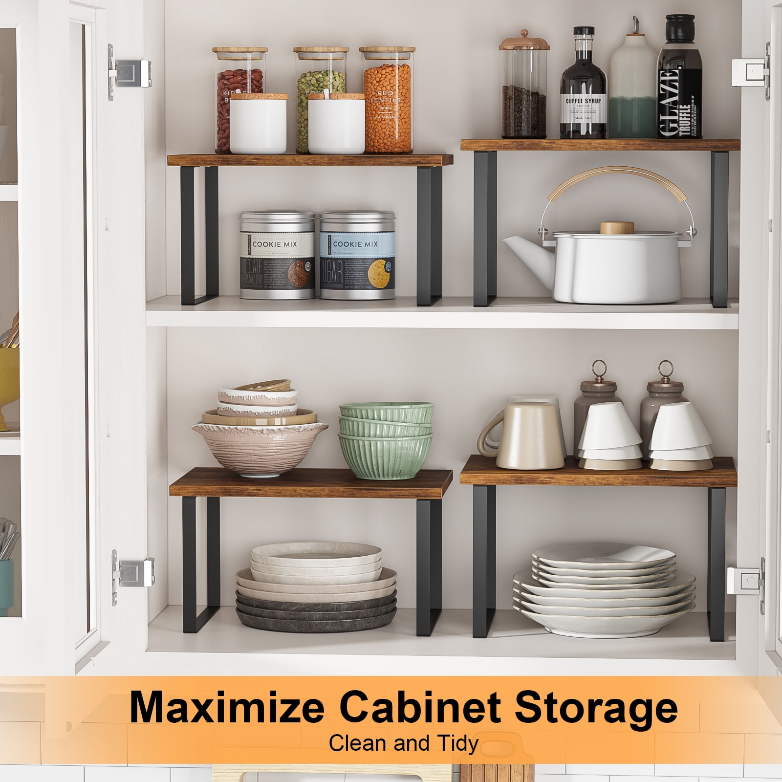Yoneston 2 Pack Cabinet Organizers Shelf, Spice Rack, Stackable and Expandable Kitchen Counter Shelves, Brown