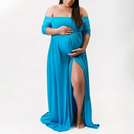 

Pregnant Gifts For First Time Mom Women Maternity Photography Props One Shoulder Solid Color Long Sleeve Dress