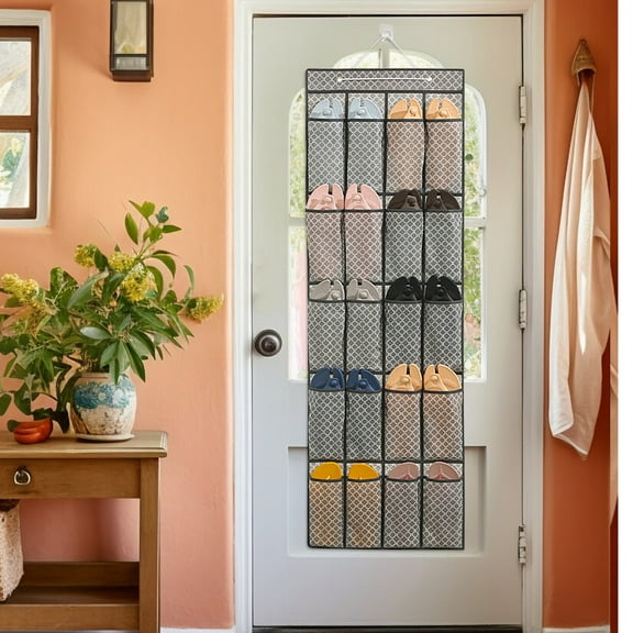 Hanging Door Shoe Storage bag with Deep Pockets, Hanging Shoe Rack for Closet Door Storage for Store Boots, Sneakers 17.7x53.1Inch Gray