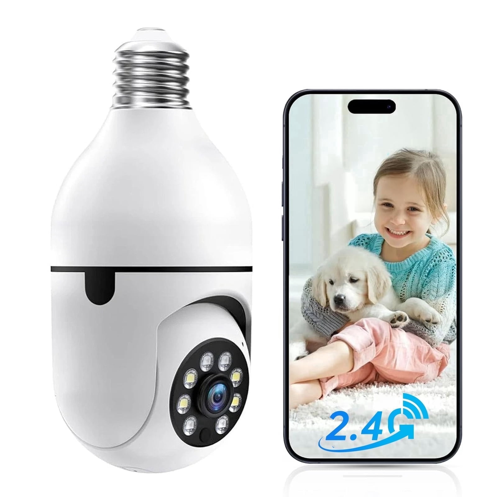 Jqimn 2.4GHz Light Bulb Security Camera, 1080P Security Cameras Wireless Outdoor, Color Night Vision, AI Motion Detection, Audible Alarm, Two-Way Talk, Easy Installation