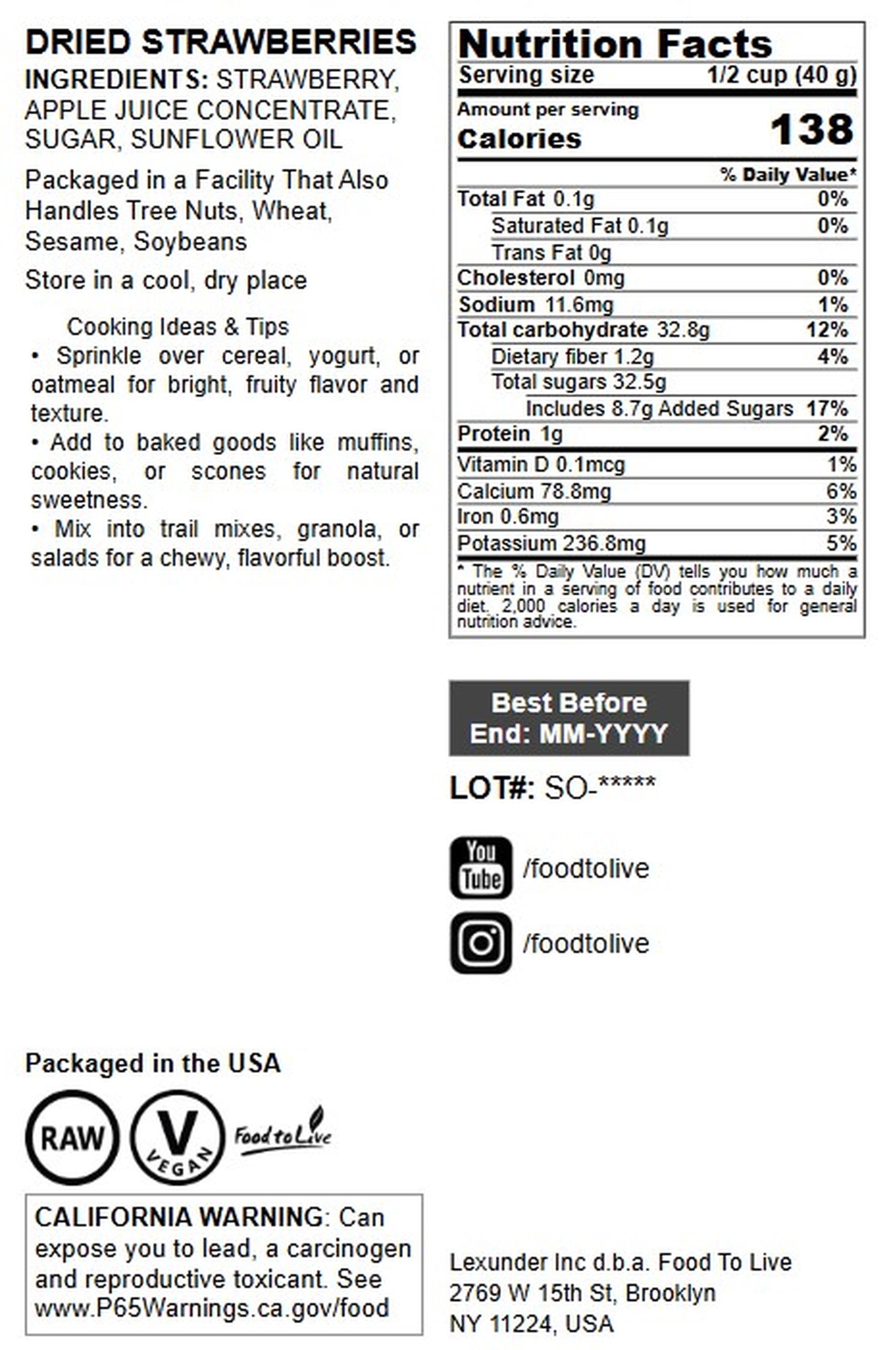 Dried Strawberries, 4 Pounds — Kosher, Raw, Vegan — by Food to Live