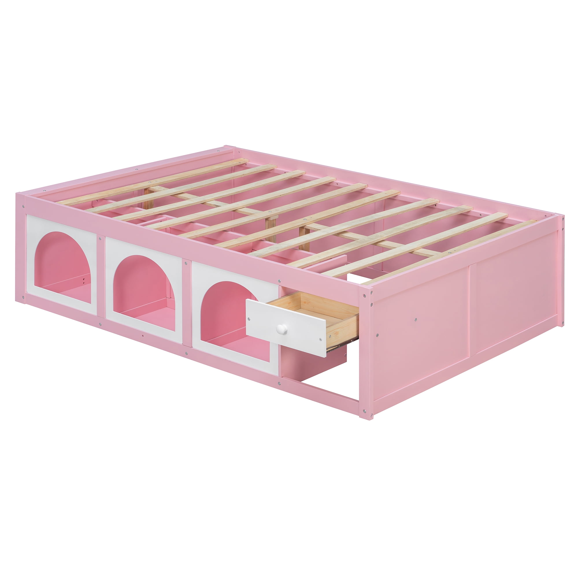 Mintazer Full Platform Bed with Bookshelf and 3 Open Cubbies & Drawer, Wooden Bed Frame with LED Light for Kids Bedroom, Pink & White