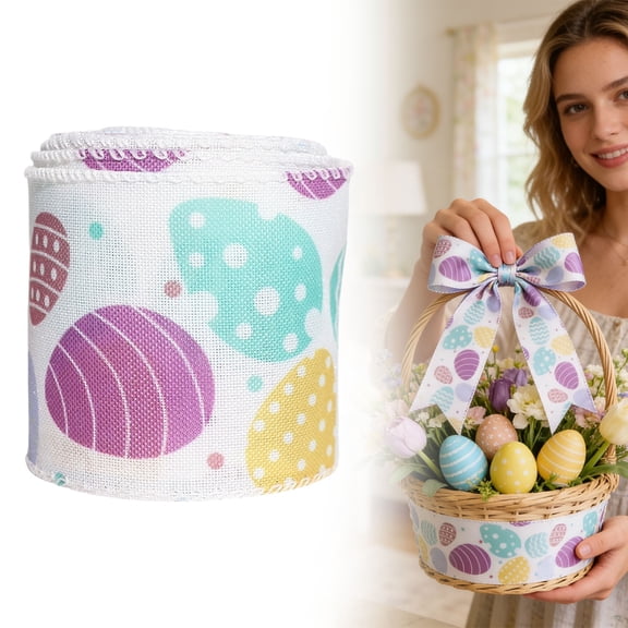 Easter Ribbon,2.5 Inch X 5.5 Yards 1 Roll Easter White Pastel Eggs Wired Ribbon For Wreath Easter, Spring For Wrapping Making Bows, Wreaths, Bouquet Wrapping, Decoration,A