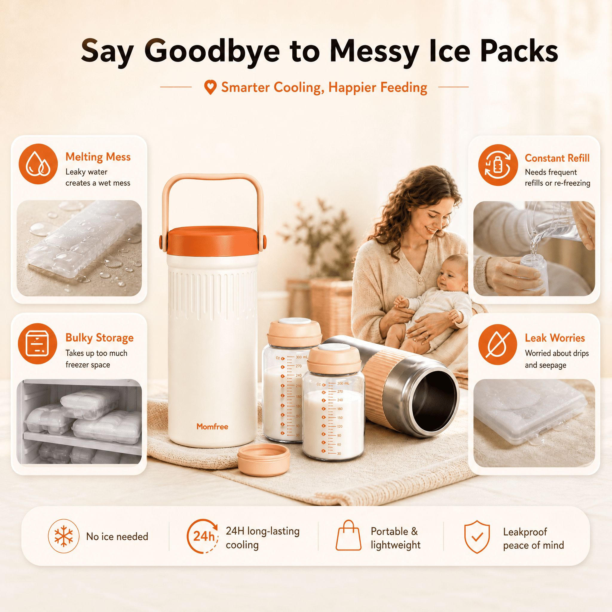 Momfree 22oz Portable Breast Milk Cooler, 24H 360° Continuous Cooling, Stainless Steel Breastmilk Chiller with 2 BPA-Free Bottles for Travel