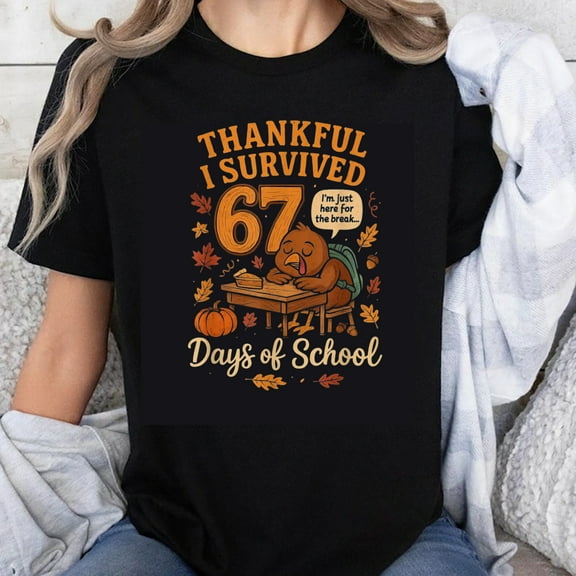 100% Cotton Thankful I Survived 67 Days of School Halloween Turkey Student Teacher Gift Funny Fall Shirt for Kids and Adults