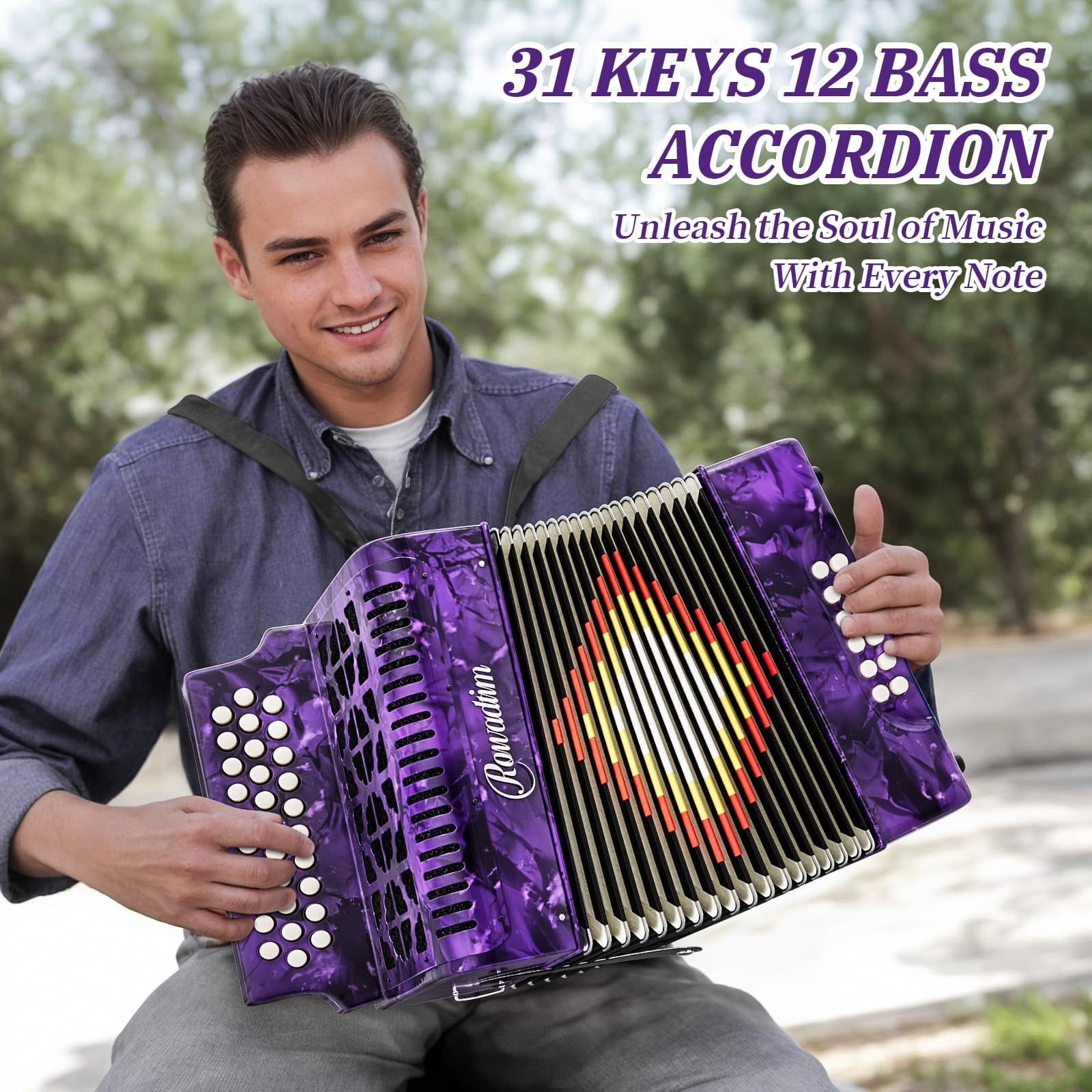 Rowadtim Accordion - 31 Keys, 12 Bass Professional Diatonic, Premium Portable Button Accordion for Adults & Beginners with Thick Protective Case (Purple)