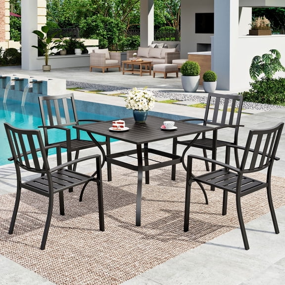 5-Piece Patio Dining Set with Stackable Chairs & Square Table for 4-Person, All-Weather Metal Steel, Black