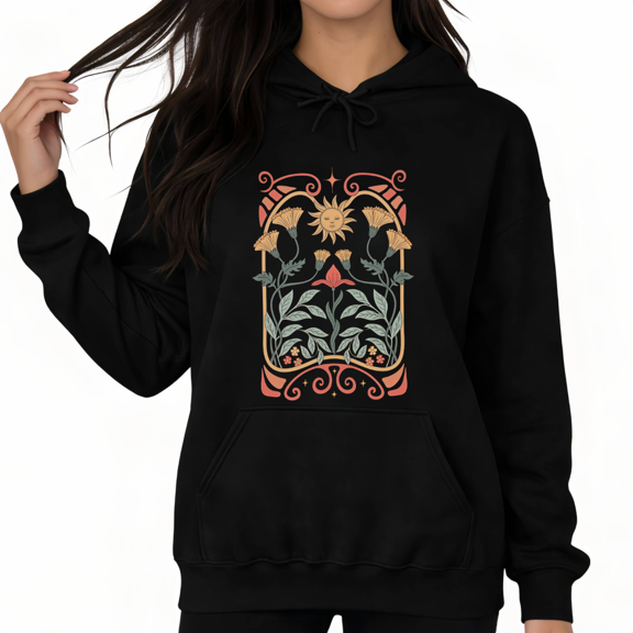 Black Print Hoodie Graphic Hoodie Art Nouveau Sun Floral Daily Casual Relaxing Witchy Inspired Tops S-2XL Tops