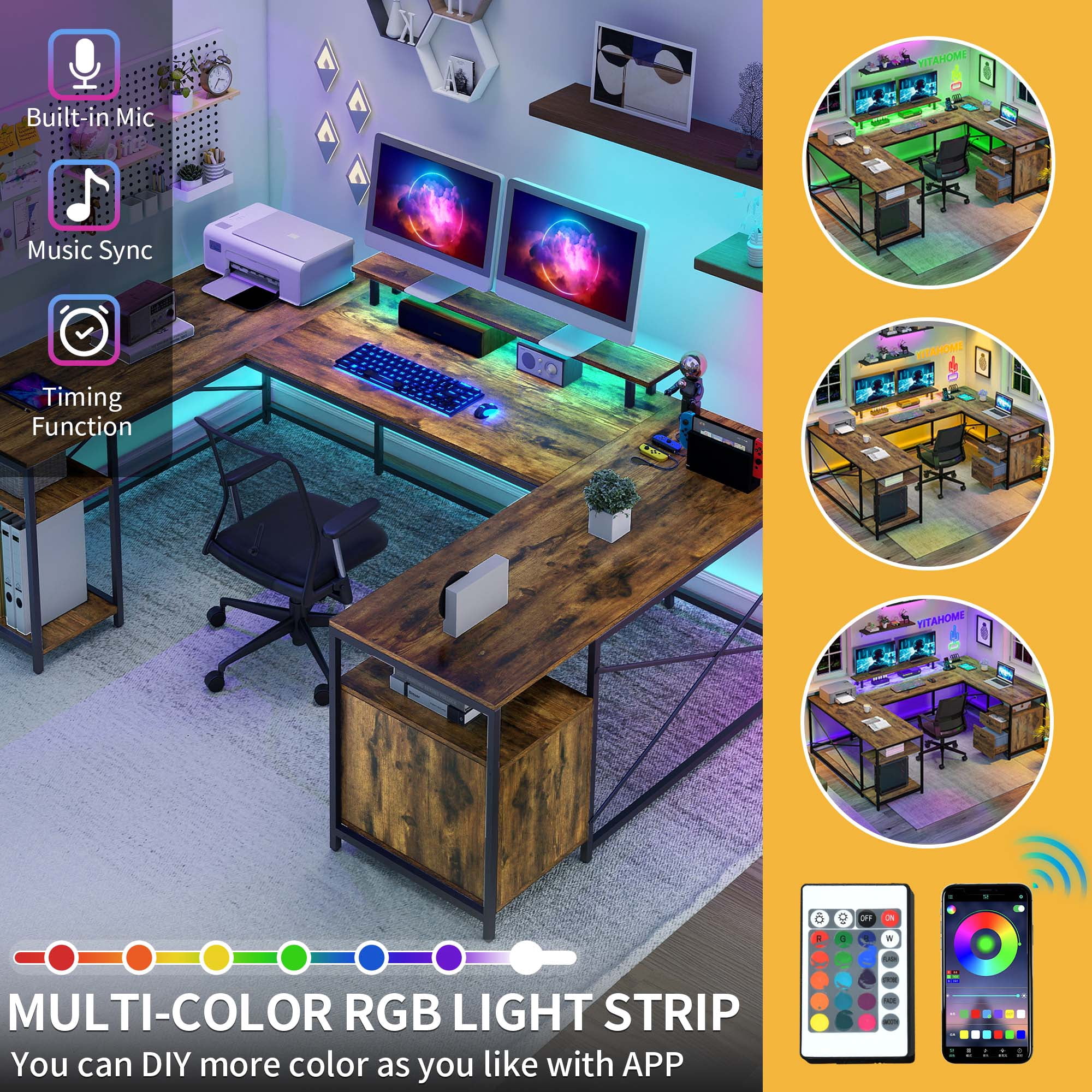 DWVO L Shaped Desk with Power Outlets & LED Lights, Reversible Computer Desk with Storage Shelves, U Shaped Gaming Desk with Monitor Stand 2 Person Large Corner Office Desk, Rustic Brown