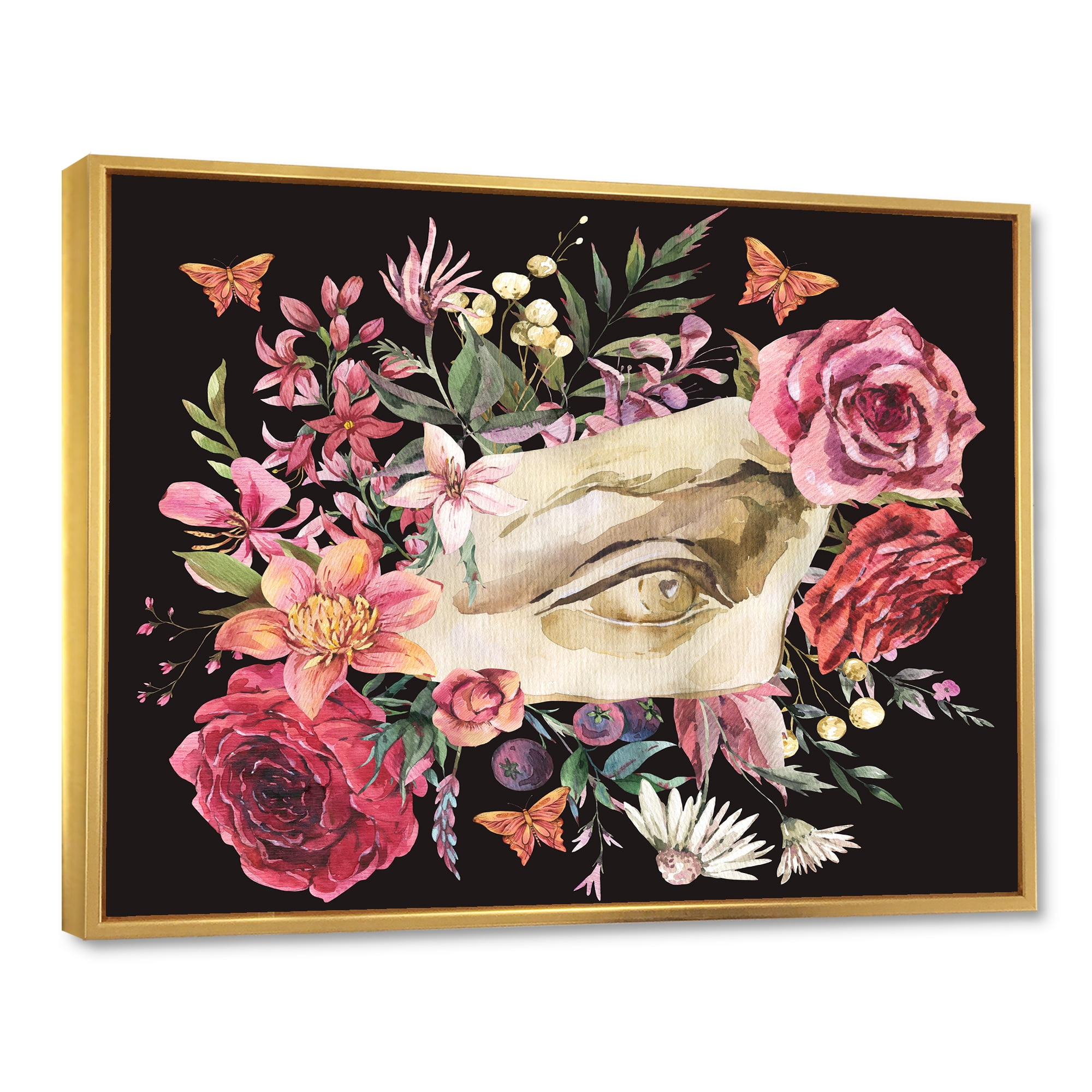 Designart 'Dried Wildflowers With Greek Sculpture David Eye' Farmhouse Framed Canvas Wall Art Print