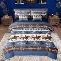 Homewish Rustic Cowgirl Cowboy Bedding Comforter Set 7pcs, Vintage Blue Western Aztec Queen Bedding Sets, Farmhouse Horse Shoes Reversible Queen Sheet Sets, Ultra Soft Bedroom Decor
