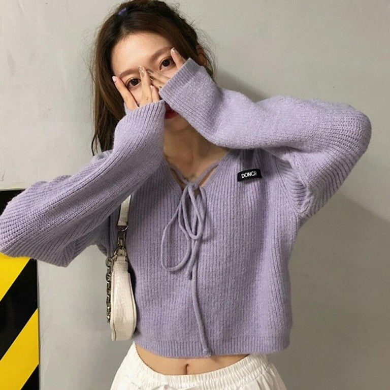 Long Sleeved Loose V-Neck Tie Sweater Long Sleeved Loose V-Neck Tie Sweater