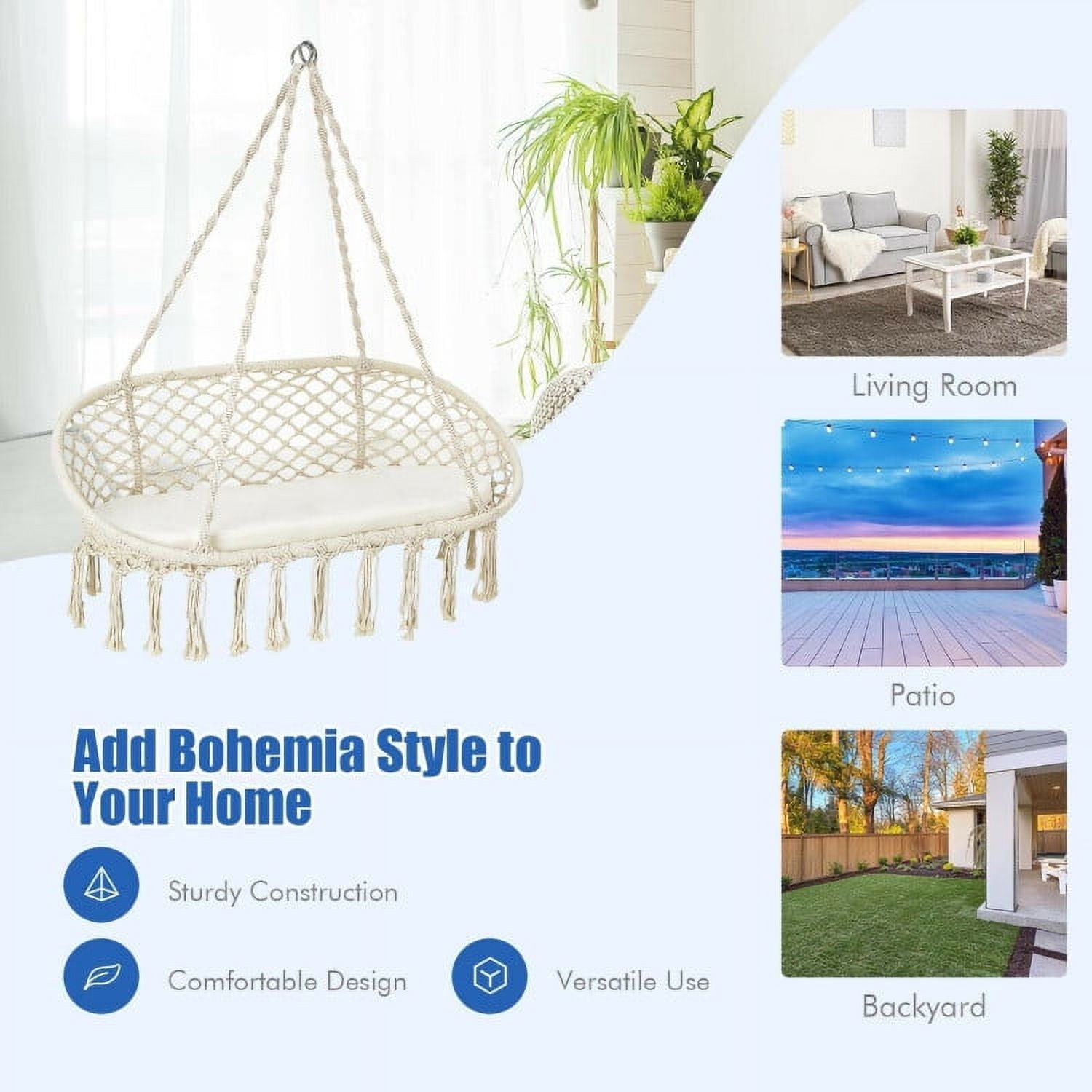 Aimee Lii 2 Person Hanging Hammock Chair with Cushion Macrame Swing, Patio Swing Chair, Beige