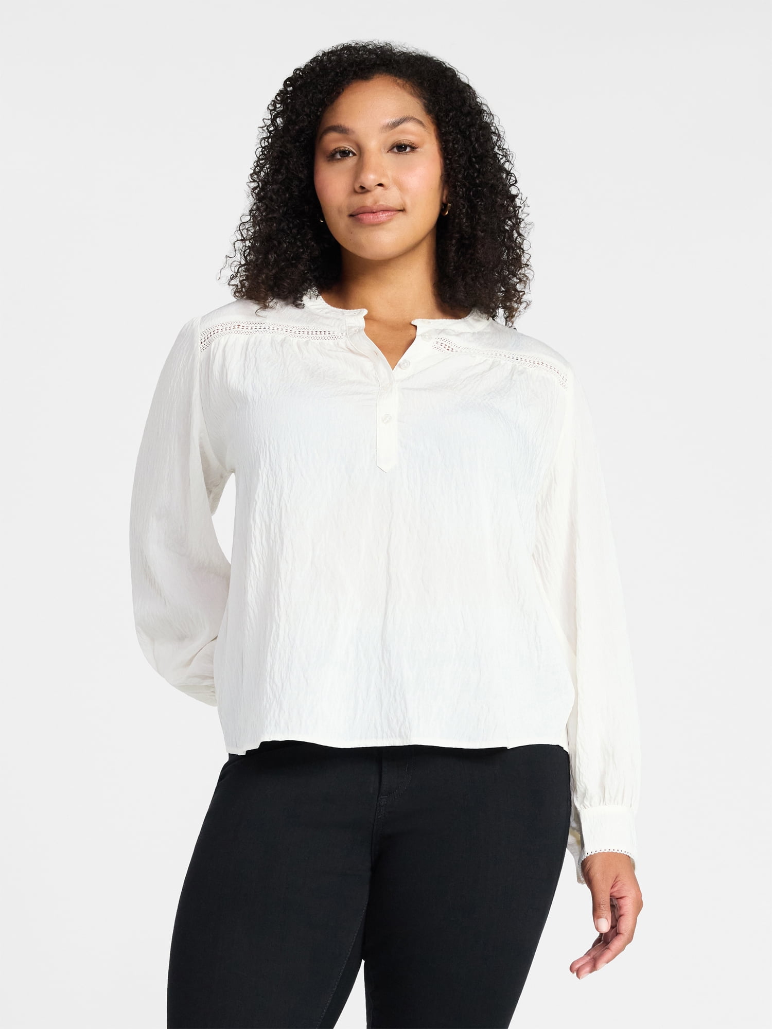 Time and Tru Women's Lace Yoke Half Button Shirt with Long Sleeves Sizes XS-XXXL