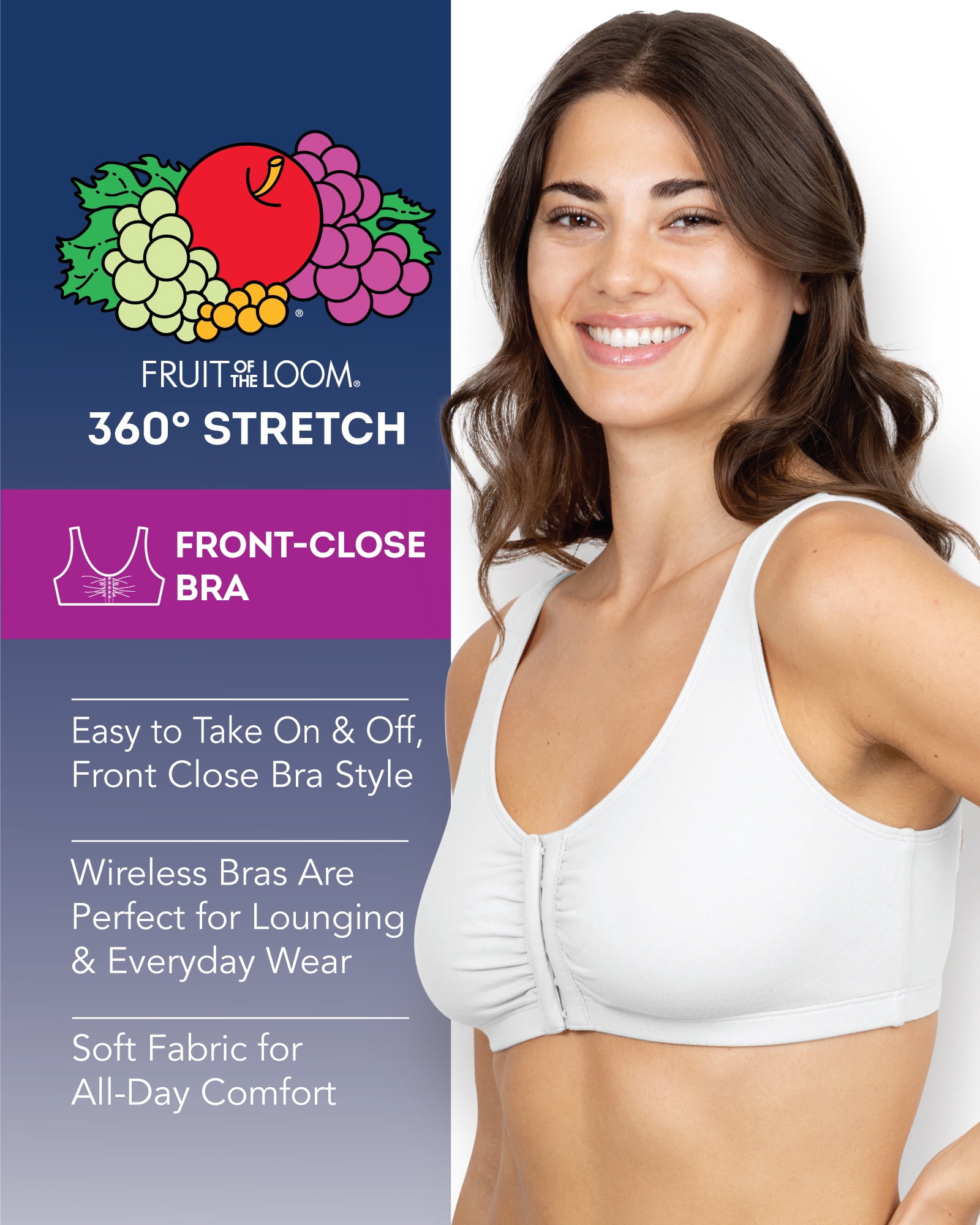 Fruit of the Loom Women's 3-Pack Beyond Soft Front Closure Cotton Bra