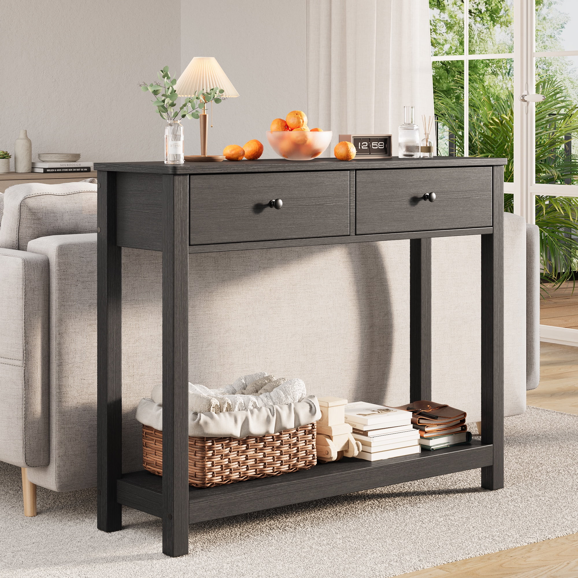 Asofer 39" Console Table with 2 Drawers, Modern Sofa Table, Narrow Wood Entryway Table for Living Room, Foyer, Black