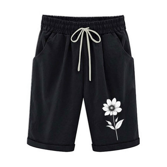 YUGYXL Flower Print Shorts for Women Trendy Drawstring Comfy Bermuda Pants Lightweight Knee Length Pants with Pockets Black XL