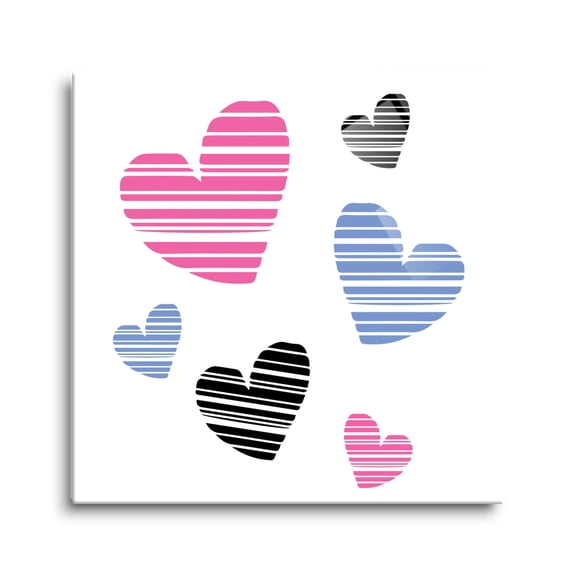 Vivid Hearts Pink Blue Striped Hearts 12 x 12 Glass Wall Hanging Sign
